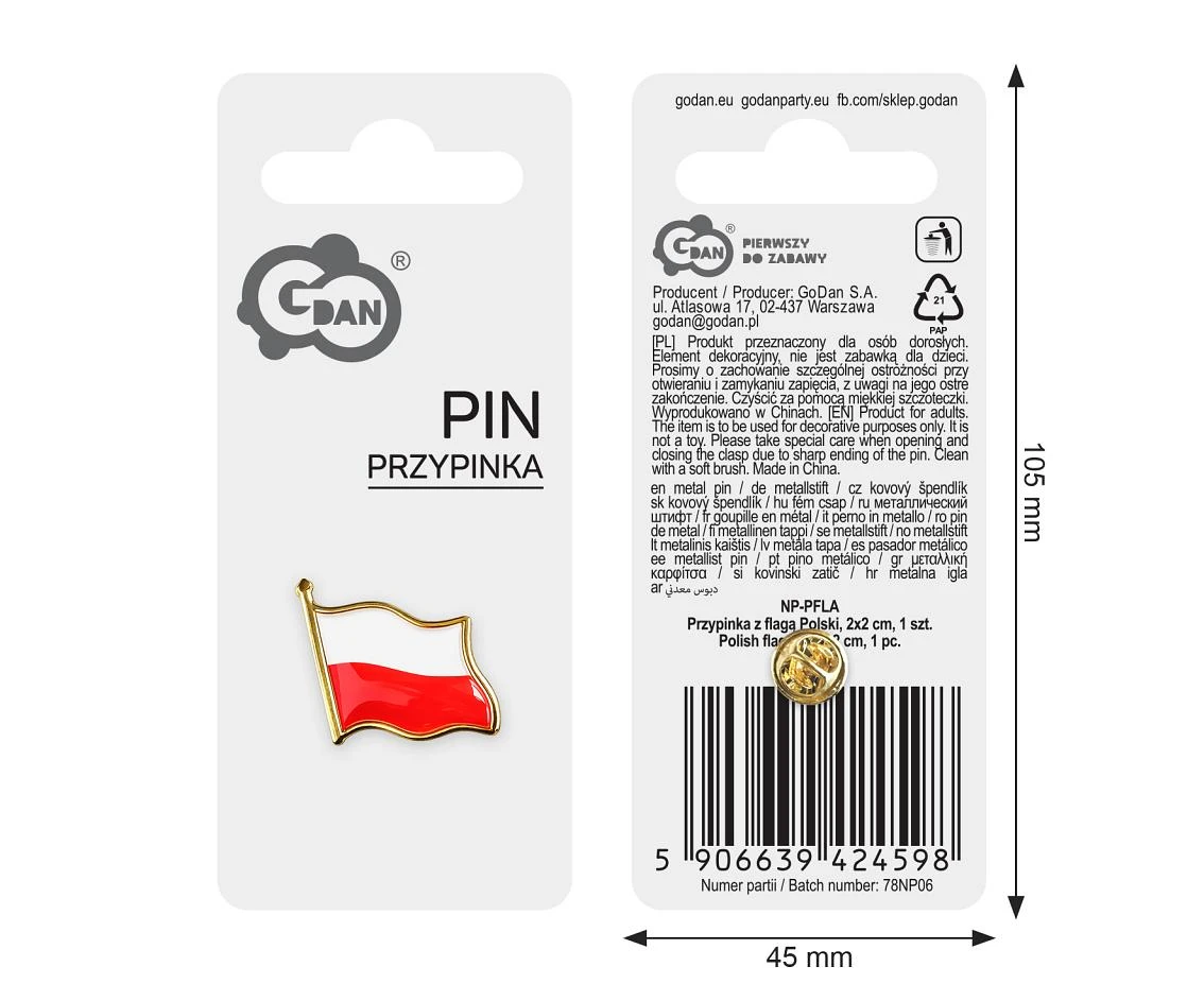 Przypinka z flagą Polski (metalowa), 2x2 cm, 1 szt.