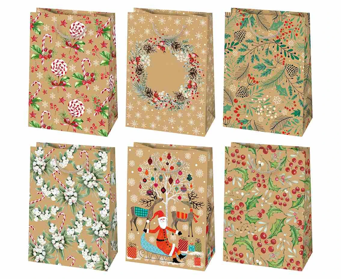 Torebka ozdobna świąteczna typu kraft T5EK 230x320x110, mix - Stroiki - Dziecięce, Mikołaje, Papier typu kraft 1 szt.