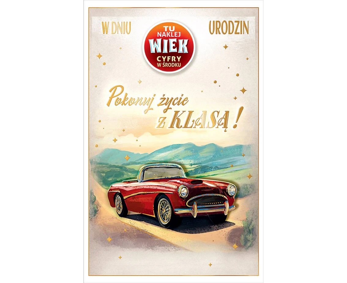 Kartka urodzinowa z naklejaną cyfrą, samochód
