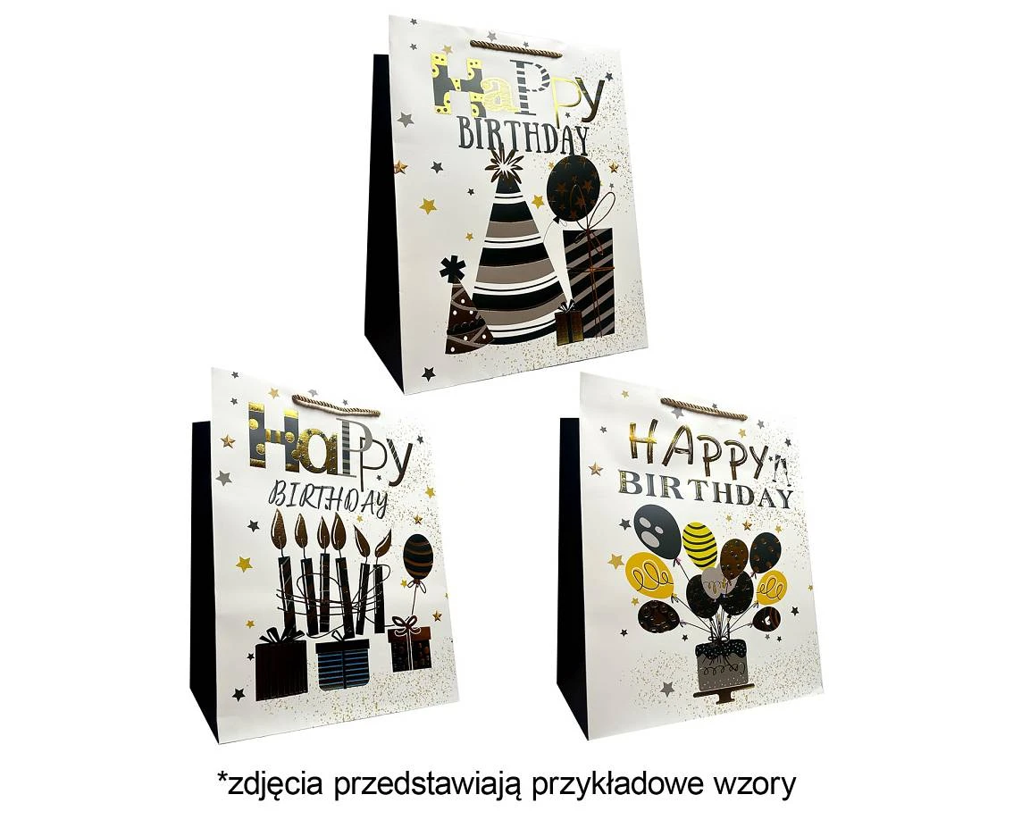 Torebka prezentowa (szerokie dno) A3 Happy Birthday 31 x40x25 cm. mix, 1 szt.