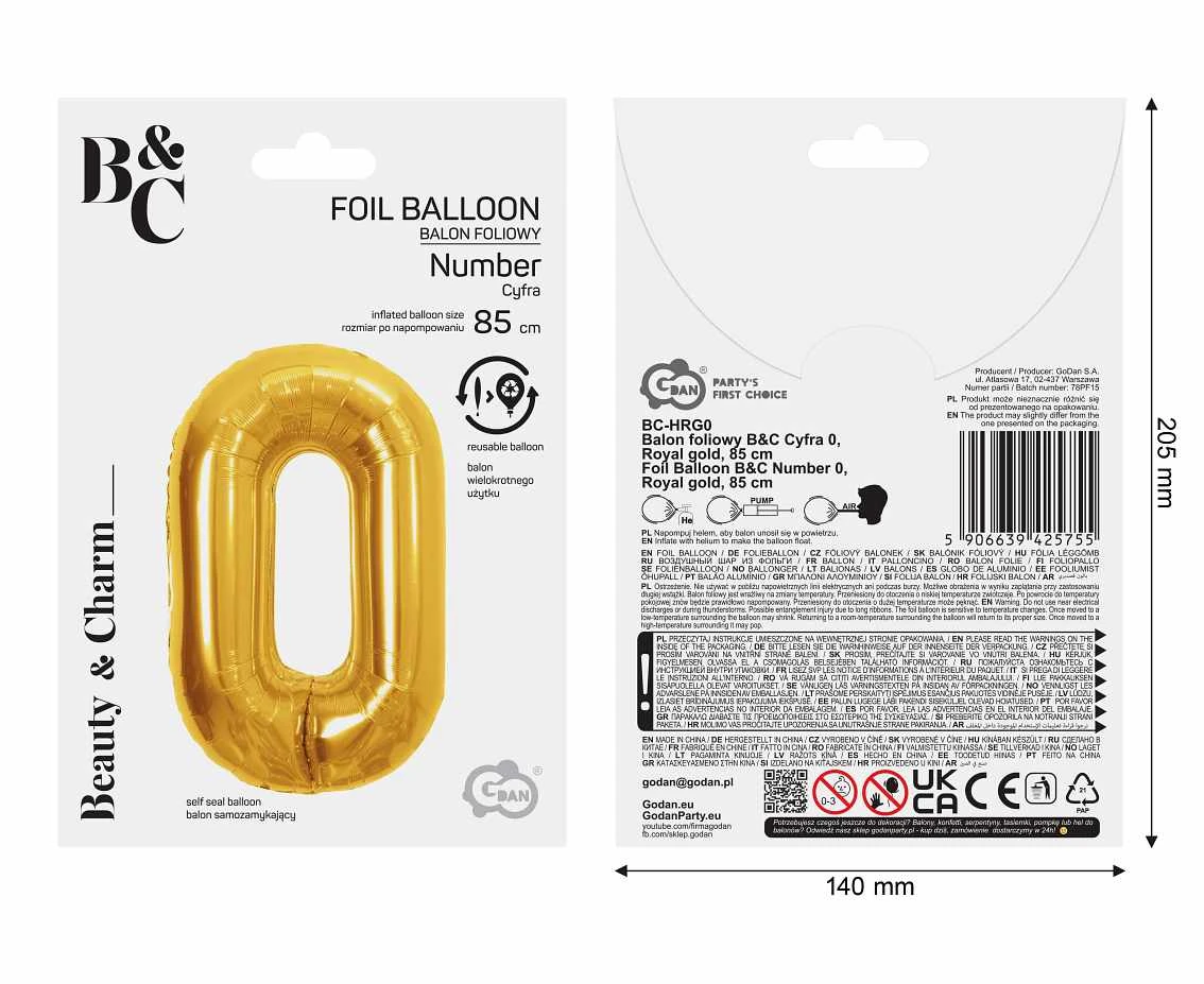 Balon foliowy B&C Cyfra 0, Royal gold, 85 cm