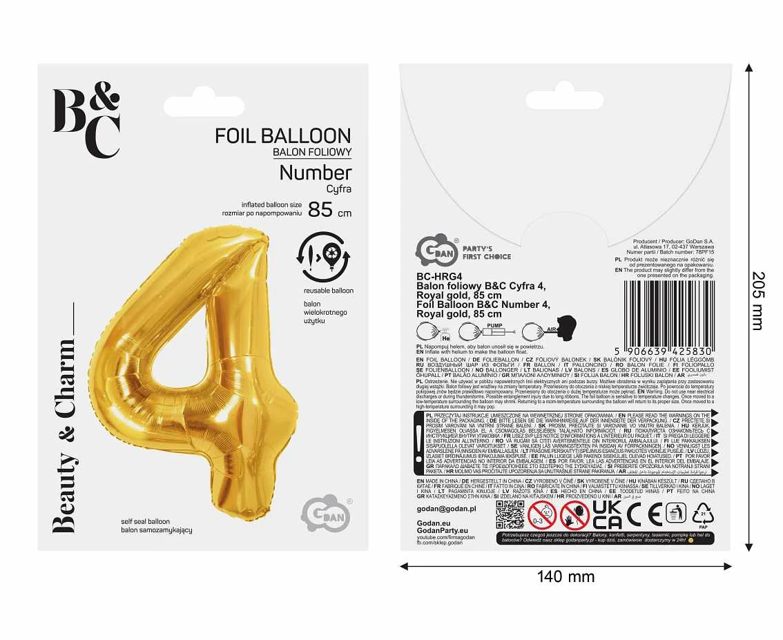 Balon foliowy B&C Cyfra 4, Royal gold, 85 cm