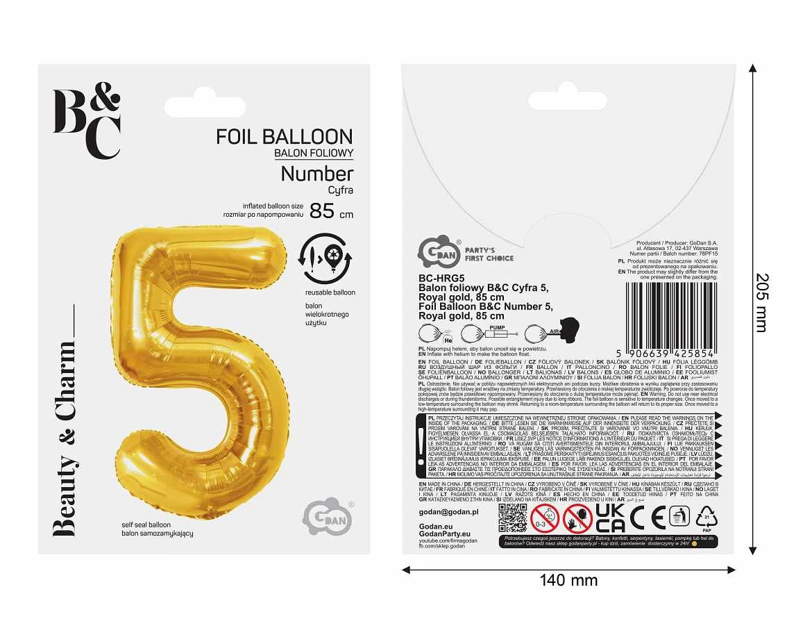 Balon foliowy B&C Cyfra 5, Royal gold, 85 cm