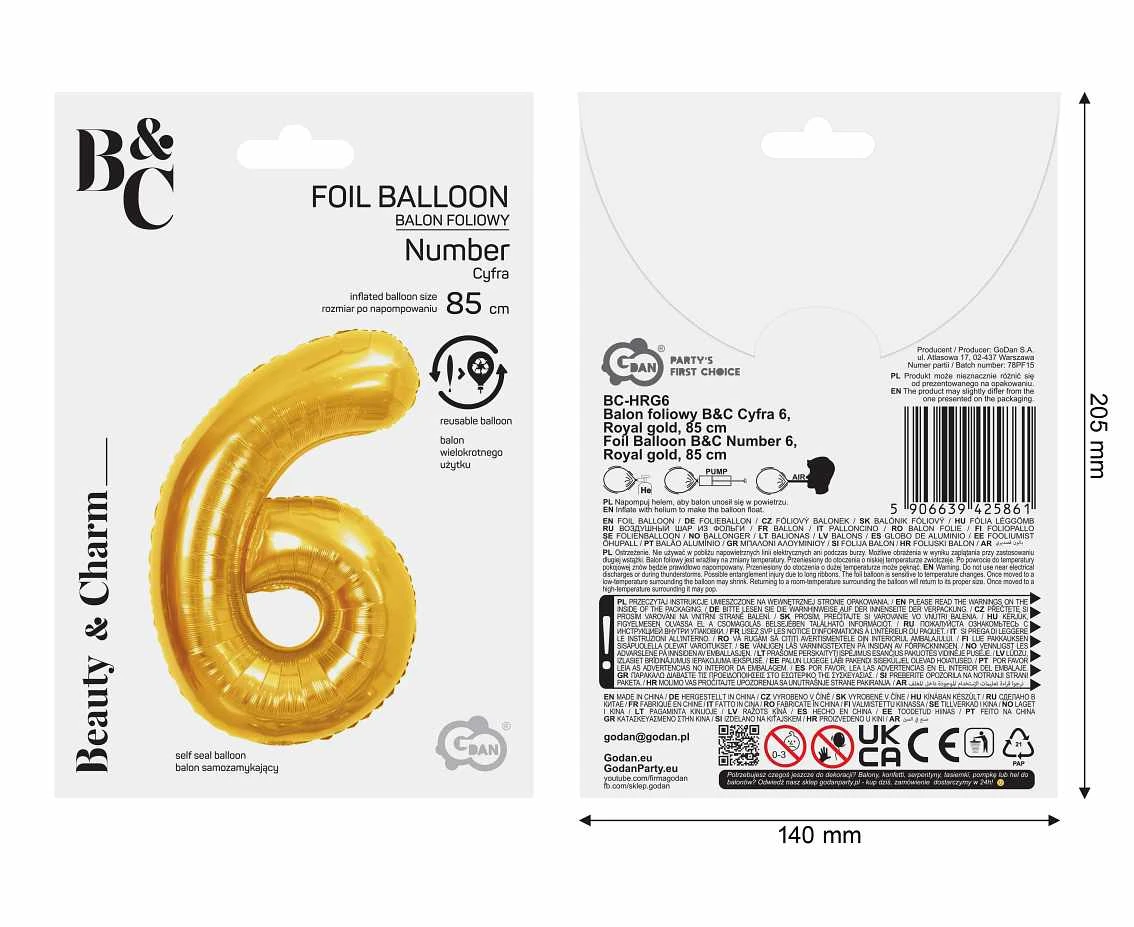 Balon foliowy B&C Cyfra 6, Royal gold, 85 cm