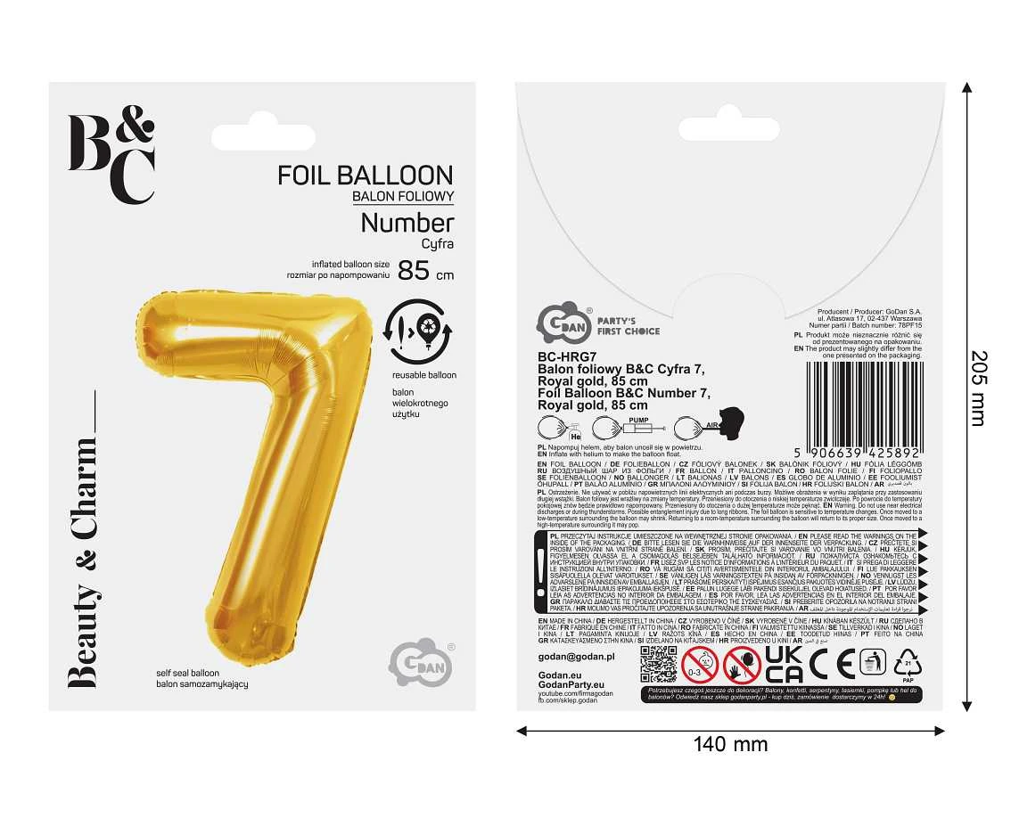 Balon foliowy B&C Cyfra 7, Royal gold, 85 cm