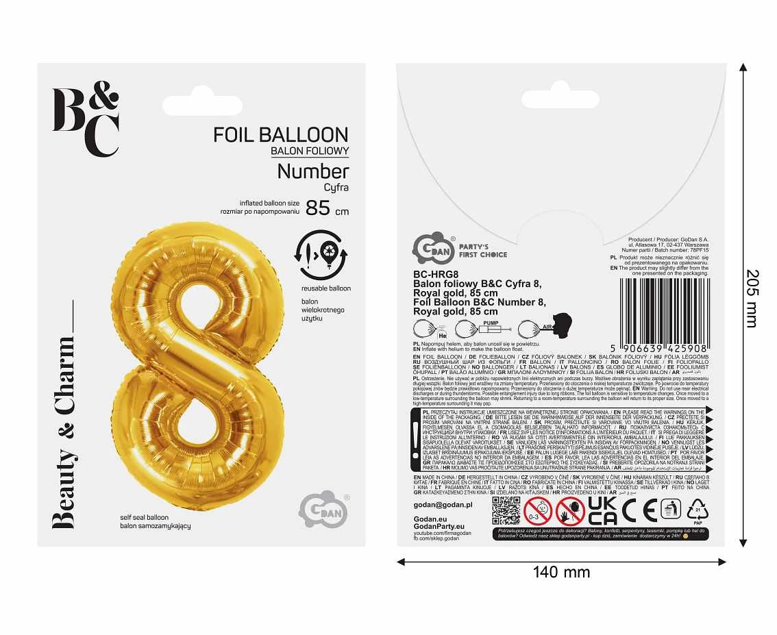 Balon foliowy B&C Cyfra 8, Royal gold, 85 cm