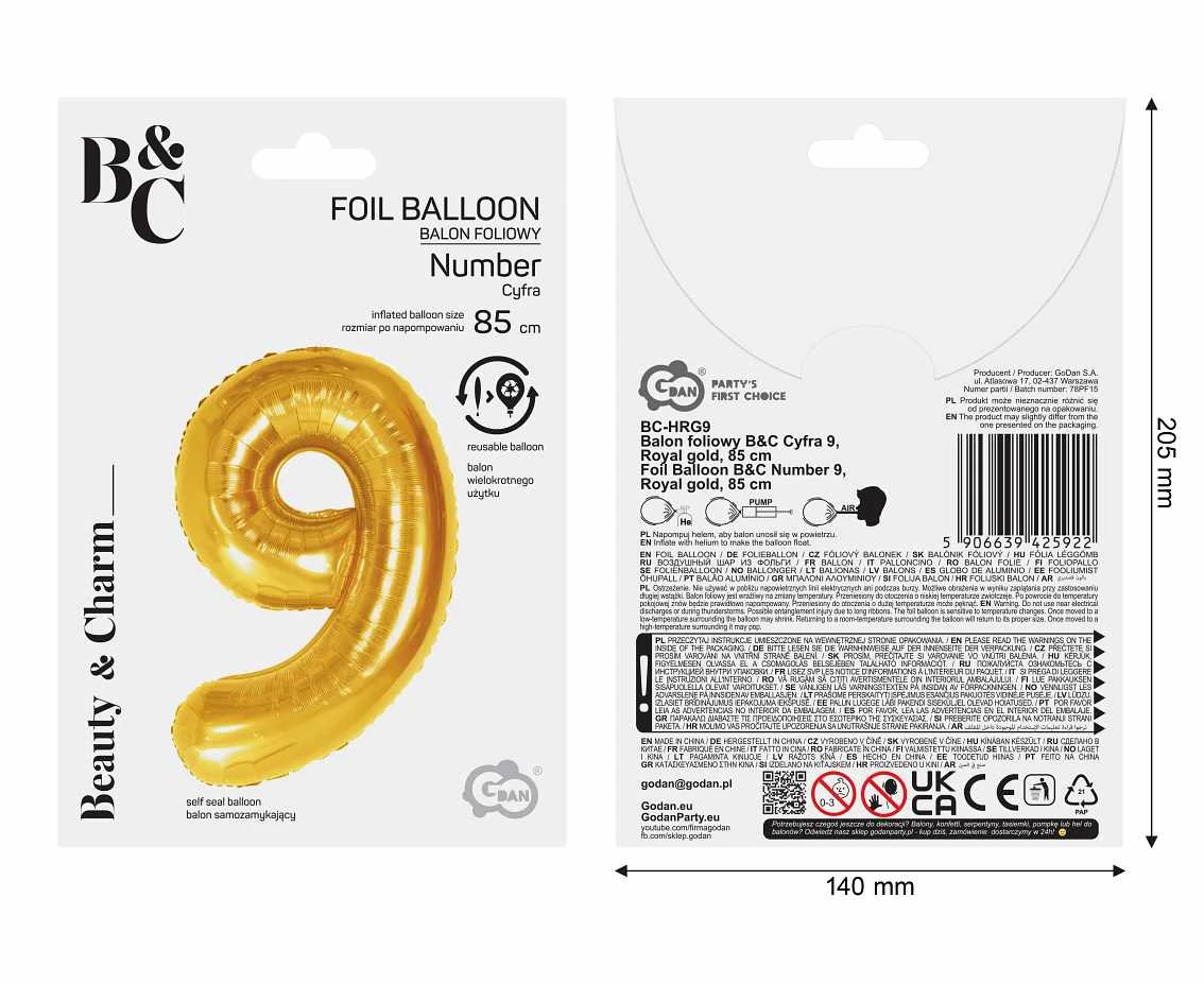 Balon foliowy B&C Cyfra 9, Royal gold, 85 cm