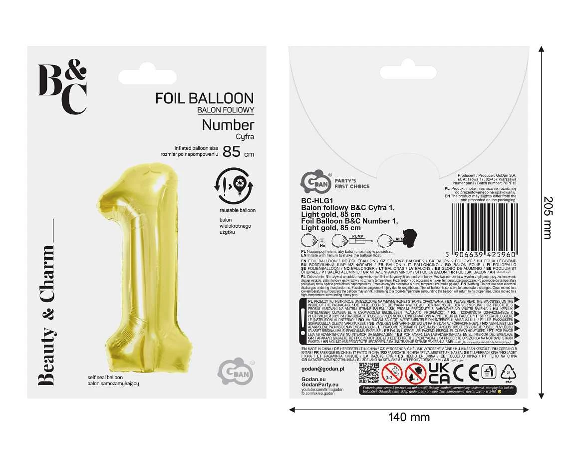 Balon foliowy B&C Cyfra 1, Light gold, 85 cm