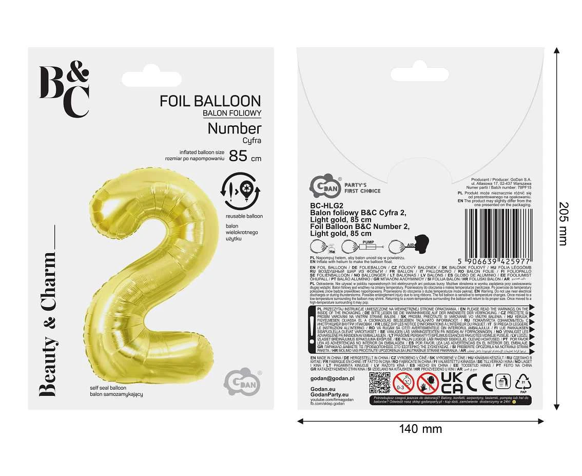 Balon foliowy B&C Cyfra 2, Light gold, 85 cm