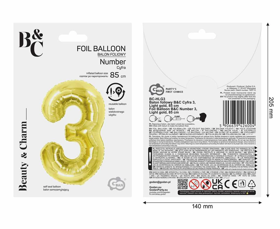 Balon foliowy B&C Cyfra 3, Light gold, 85 cm