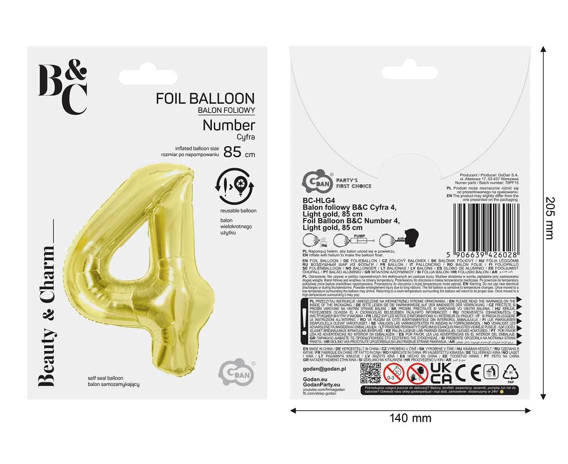 Balon foliowy B&C Cyfra 4, Light gold, 85 cm