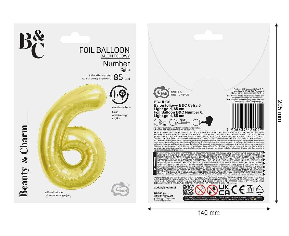 Balon foliowy B&C Cyfra 6, Light gold, 85 cm