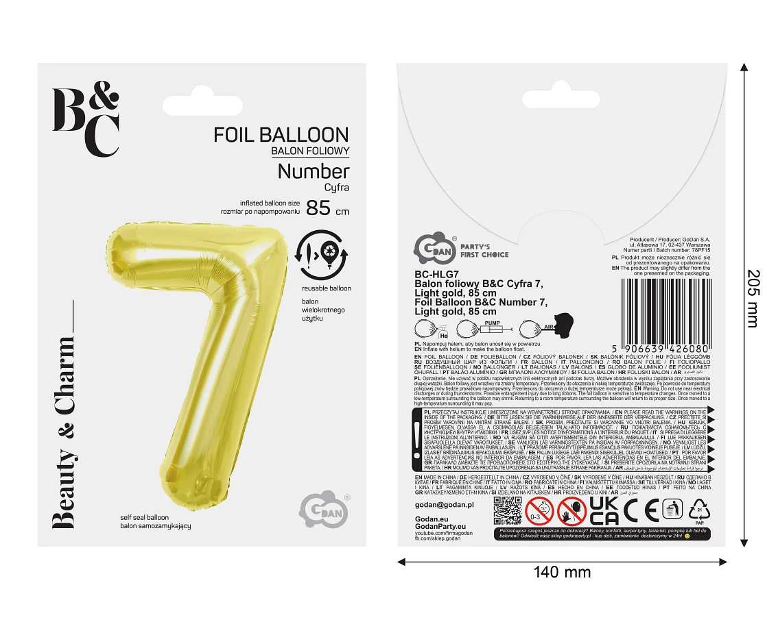Balon foliowy B&C Cyfra 7, Light gold, 85 cm