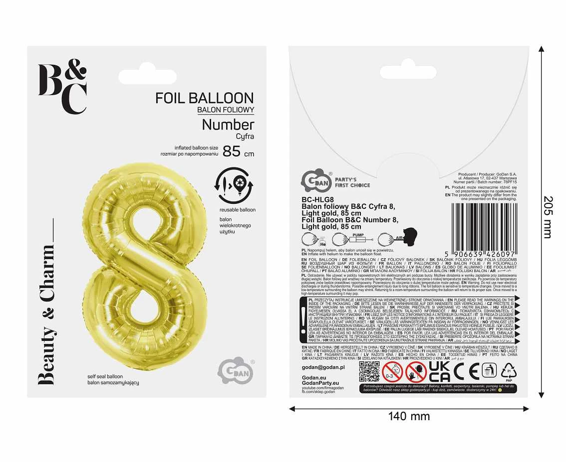 Balon foliowy B&C Cyfra 8, Light gold, 85 cm