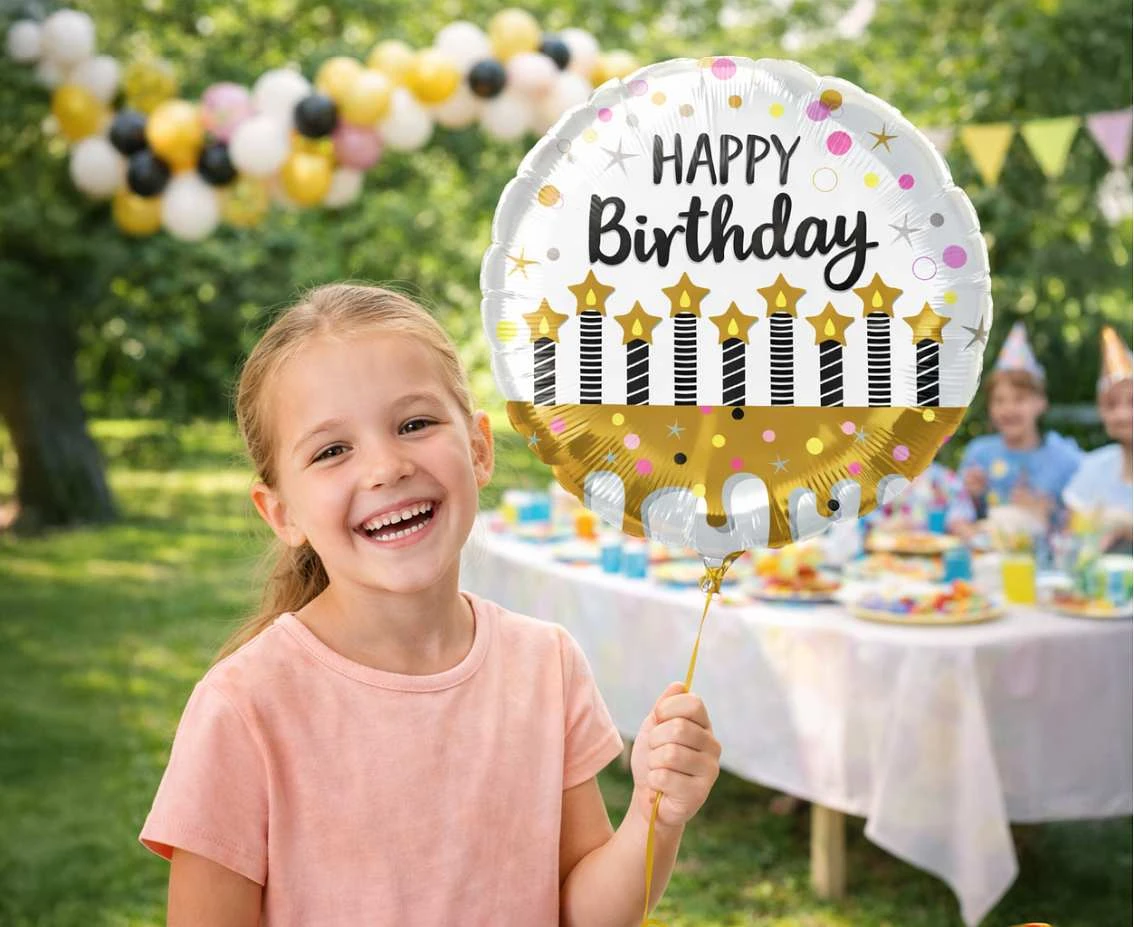 Balon foliowy 18" Happy Birthday, ze świeczkami