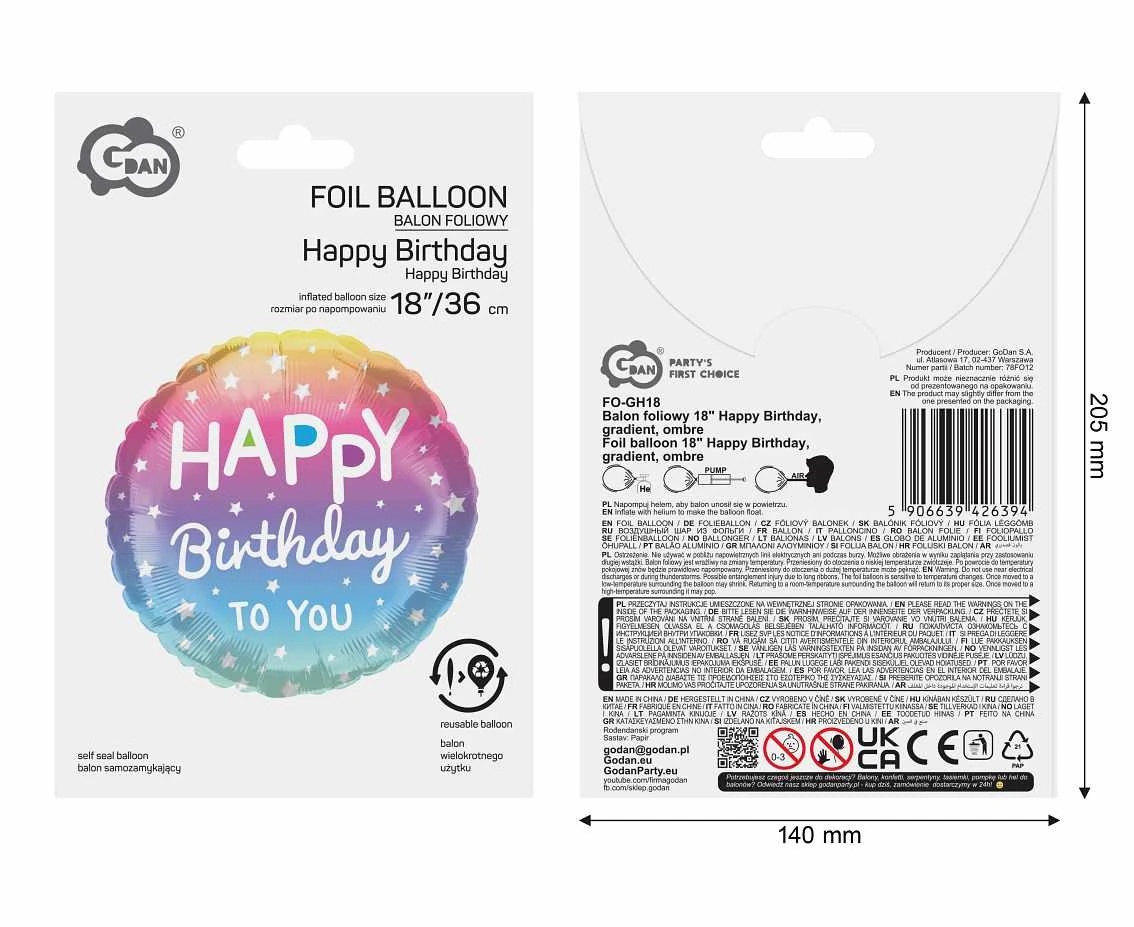 Balon foliowy 18" Happy Birthday, gradient, ombre