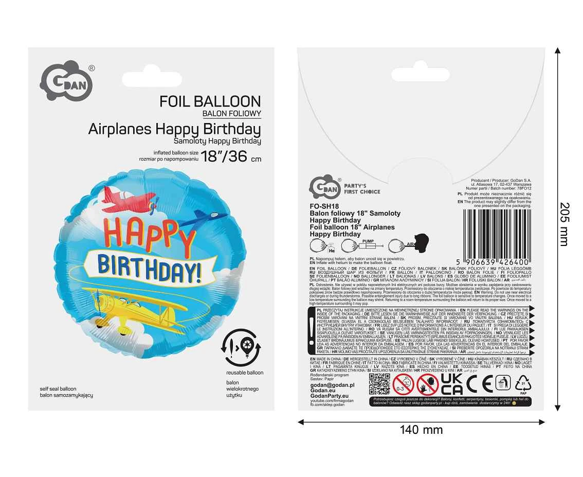 Balon foliowy 18" Samoloty Happy Birthday
