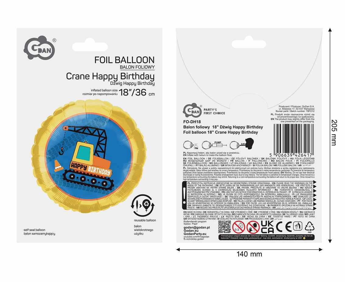 Balon foliowy 18" Dźwig Happy Birthday