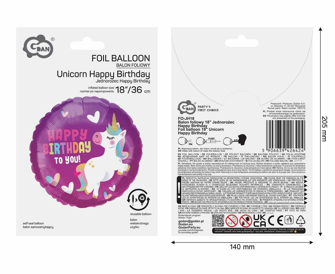 Balon foliowy 18" Jednorożec Happy Birthday