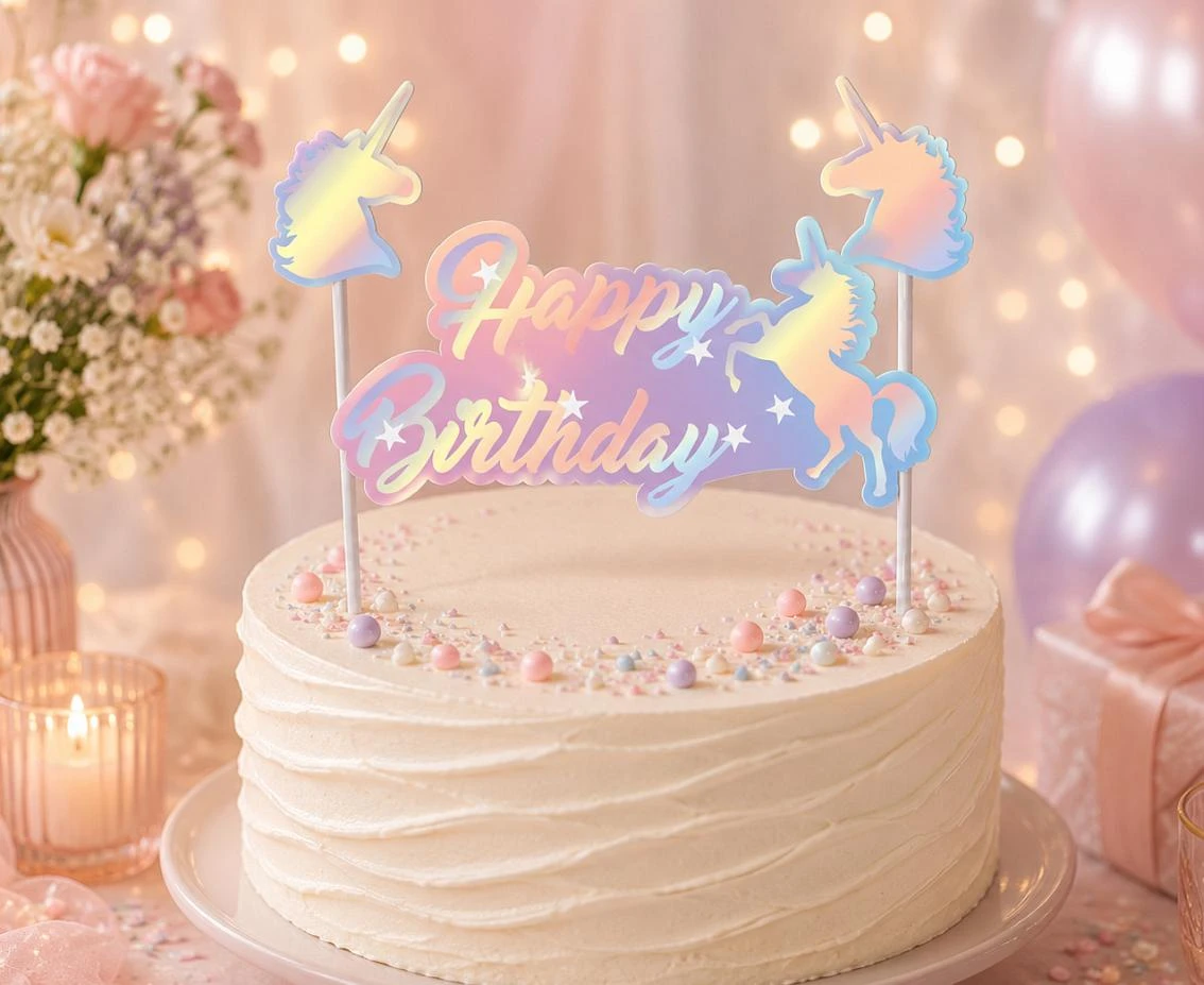 Topper urodzinowy na tort „Happy Birthday”, Jednorożce, holograficzny połysk