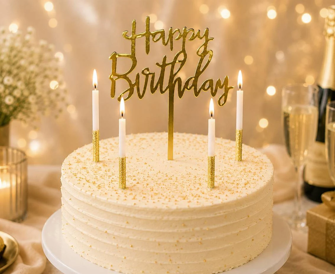 Zestaw dekoracji na tort: złoty topper „Happy Birthday” + 4 świeczki brokatowe