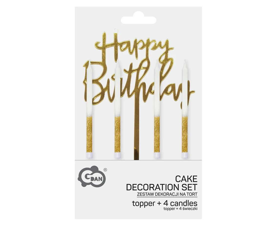 Zestaw dekoracji na tort: złoty topper „Happy Birthday” + 4 świeczki brokatowe