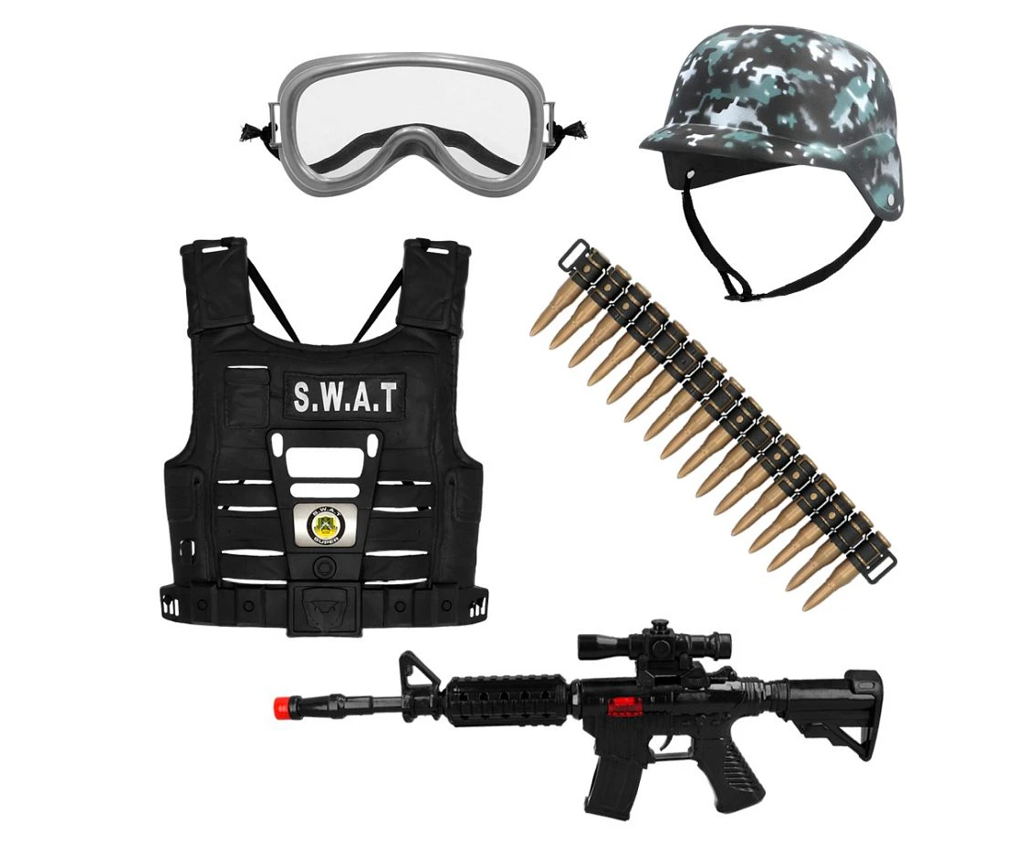 Zestaw dla dzieci 'S.W.A.T' (hełm, kamizelka, okulary ochronne, pas na kule, karabin)