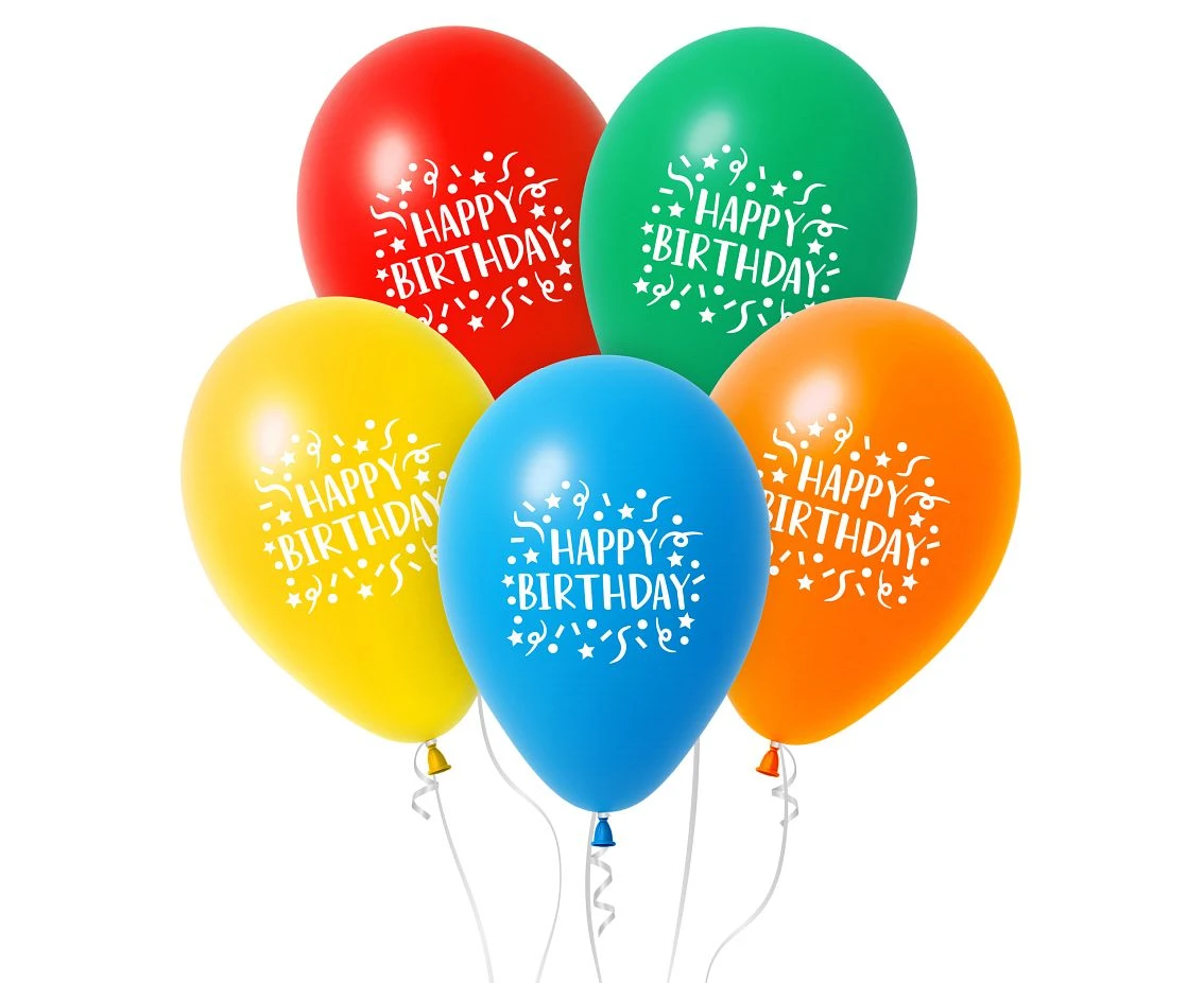 Balony Happy Birthday z konfetti, 12" , 5 szt.