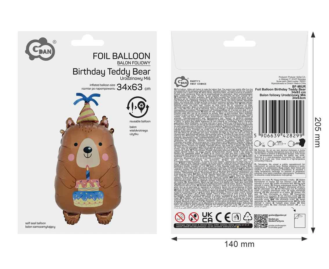 Balon foliowy Urodzinowy Miś 34x63 cm