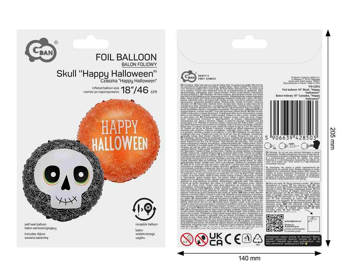 Balon foliowy 18" Czaszka, "Happy Halloween"