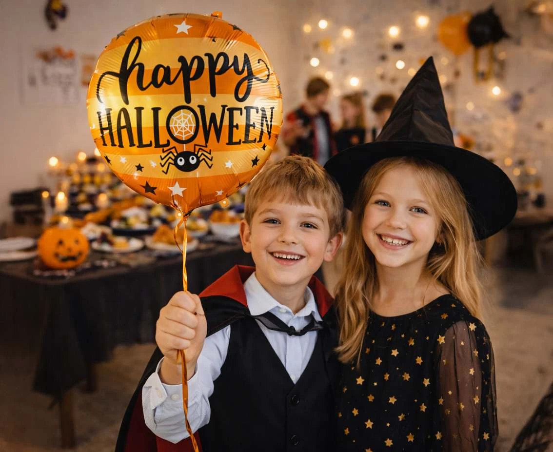 Balon foliowy 18" "Happy Halloween", pomarańczowy, z pajączkiem