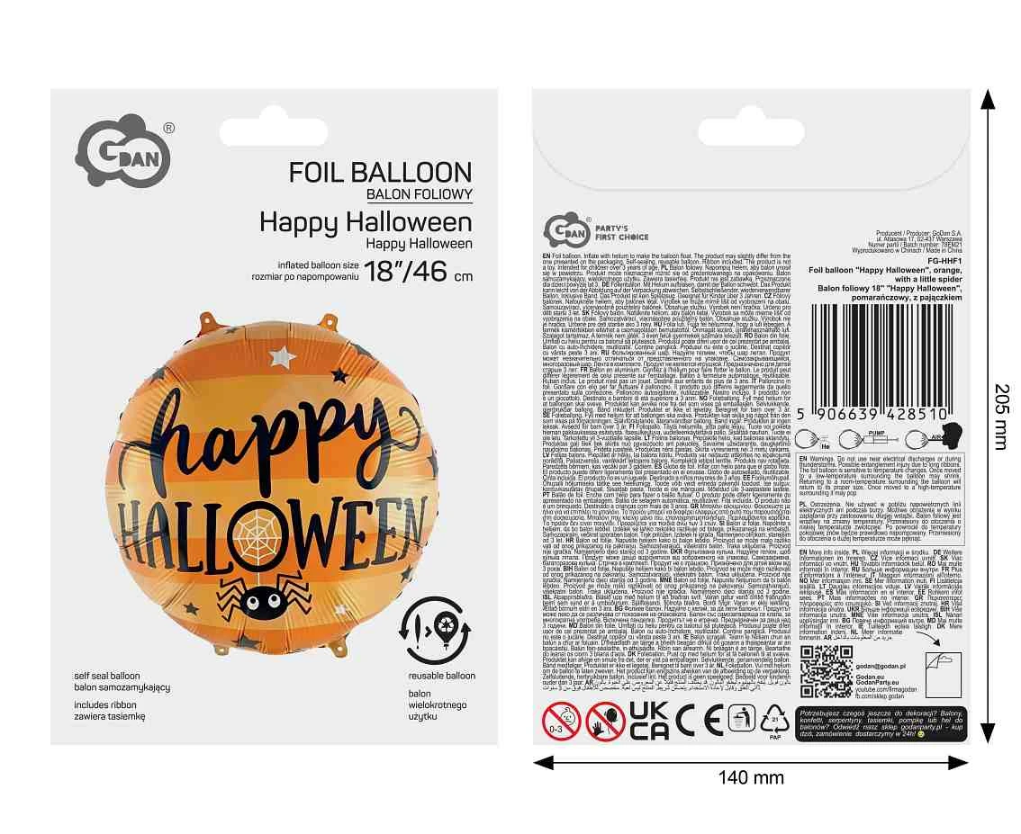 Balon foliowy 18" "Happy Halloween", pomarańczowy, z pajączkiem