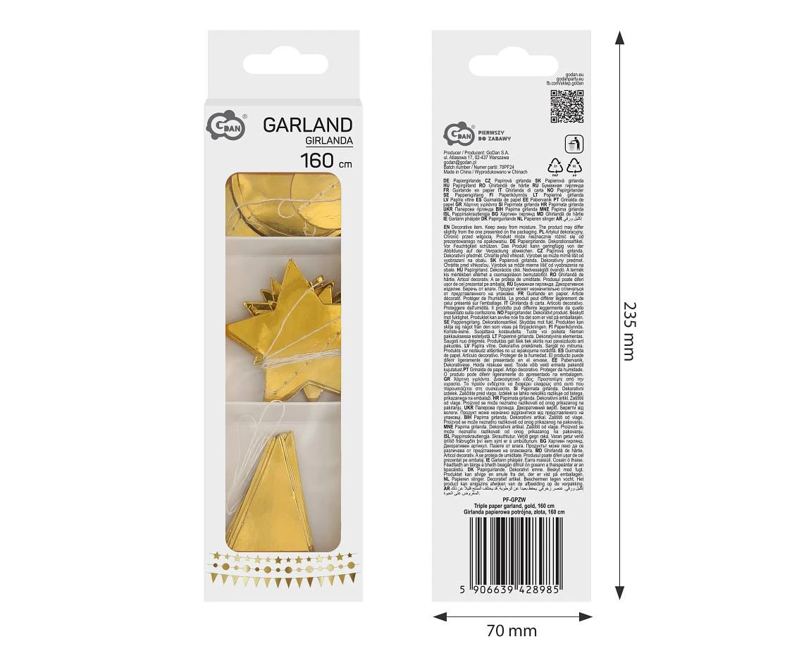 Girlanda papierowa potrójna, złota, 160 cm