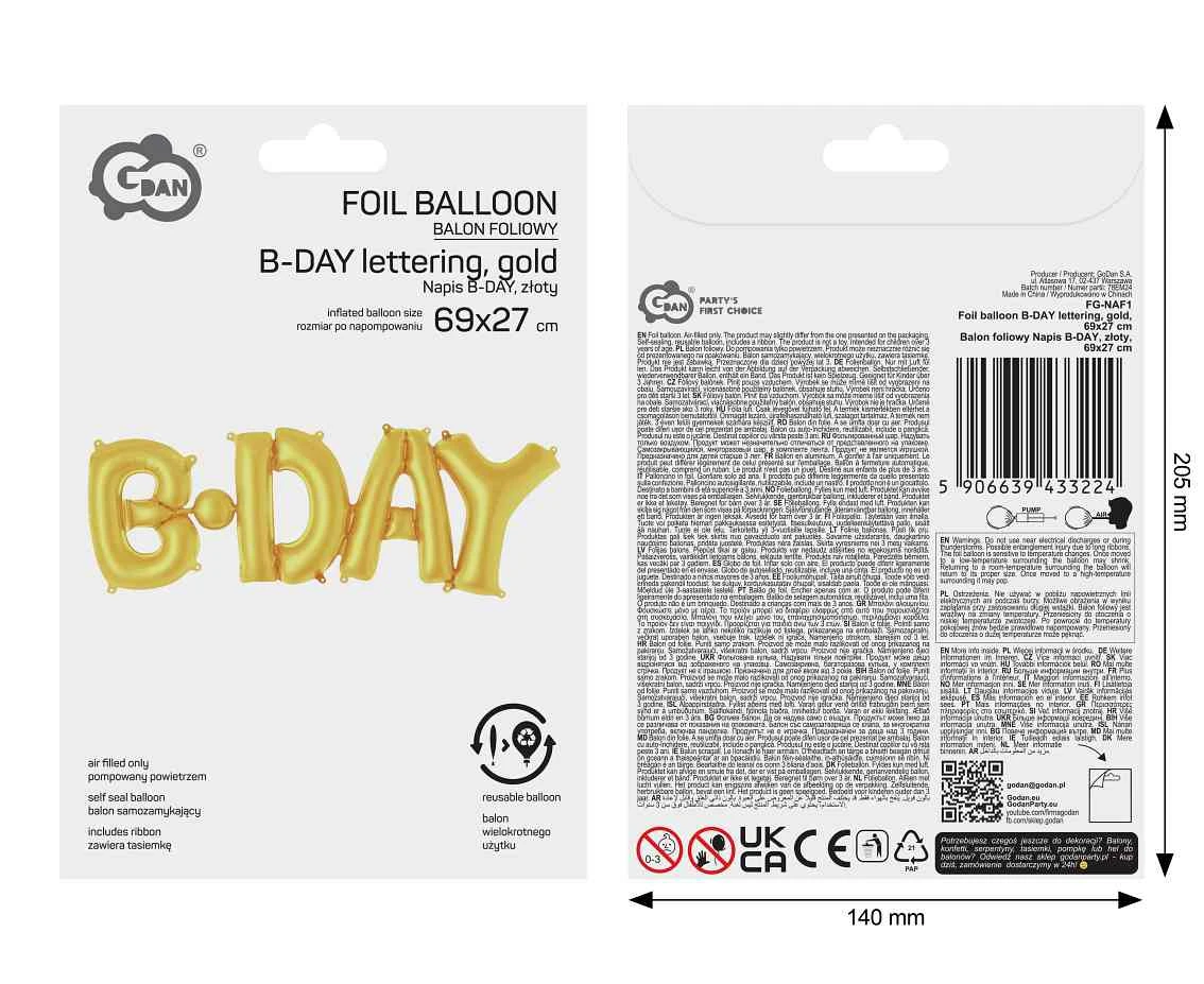 Balon foliowy Napis B-DAY, złoty, 69x27cm