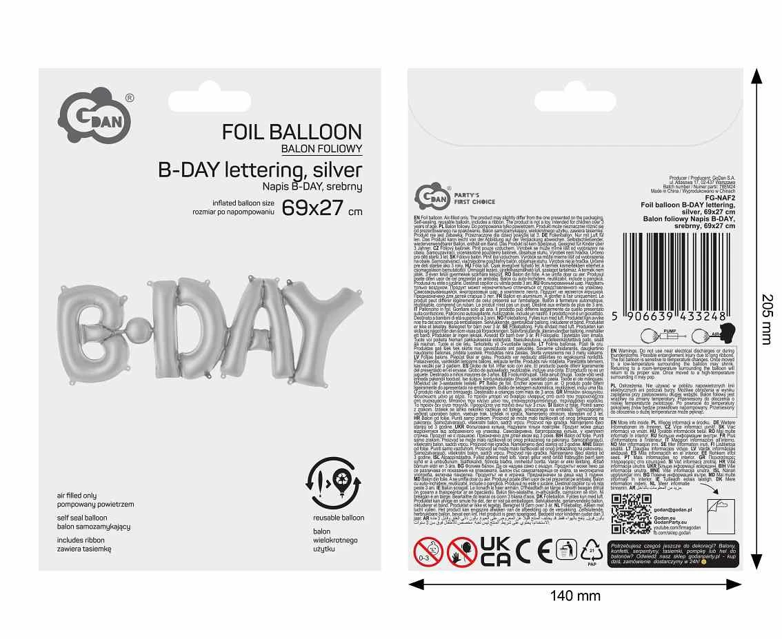 Balon foliowy Napis B-DAY, srebrny, 69x27cm