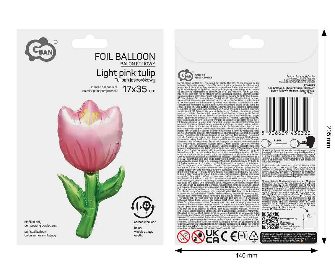 Balon foliowy Tulipan jasnoróżowy, 17x35cm