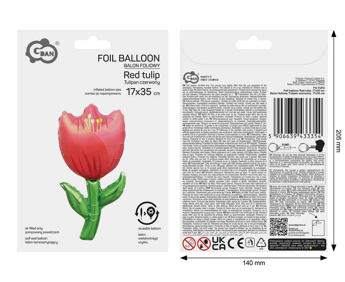 Balon foliowy Tulipan czerwony, 17x35cm
