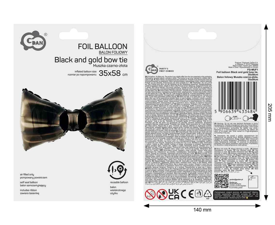 Balon foliowy Muszka czarno-złota, 35x58cm