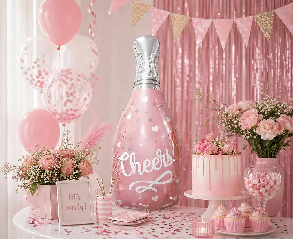 Balon foliowy Butelka "Cheers", różowa, 31x74cm