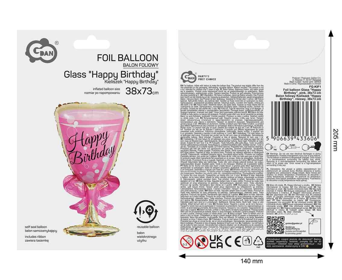 Balon foliowy Kieliszek "Happy Birthday", różowy, 38x73cm