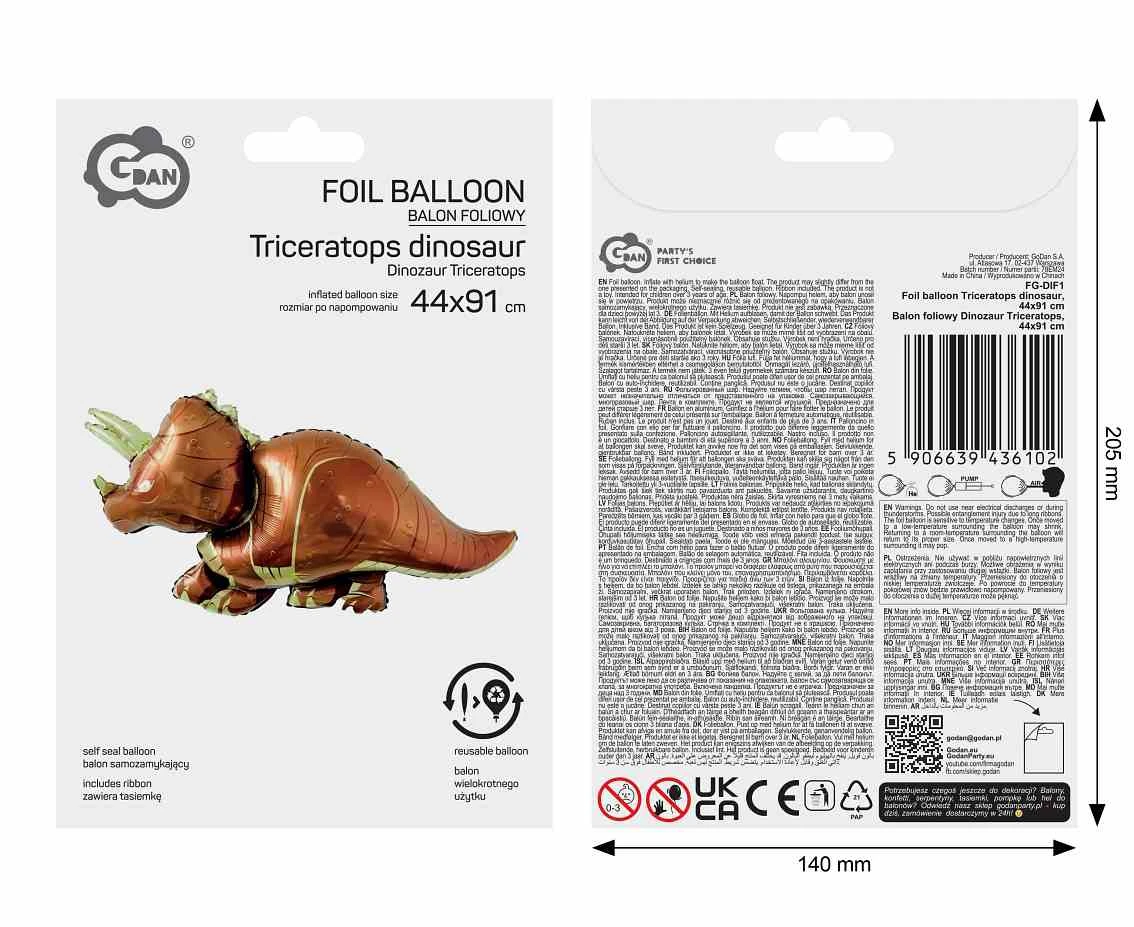 Balon foliowy Dinozaur Triceratops, 44x91cm