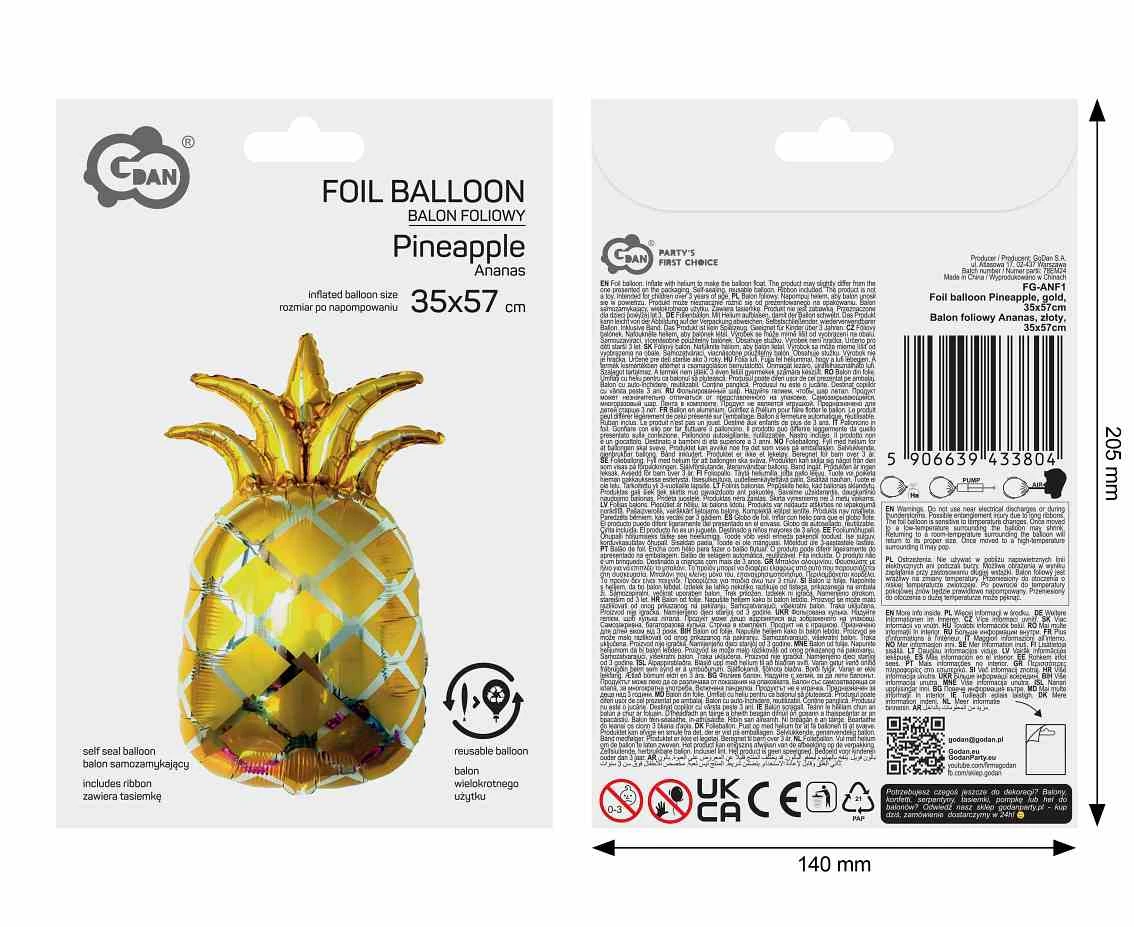 Balon foliowy Ananas, złoty, 35x57cm