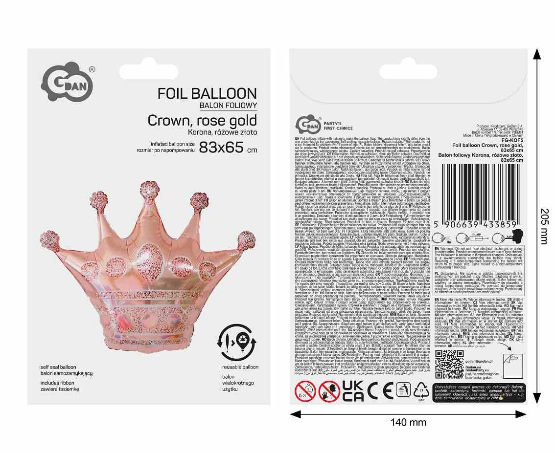 Balon foliowy Korona, różowe złoto, 83x65cm