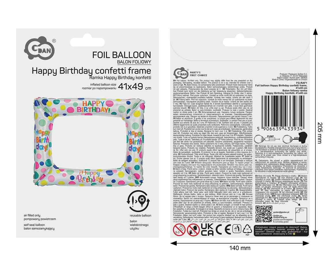 Balon foliowy ramka Happy Birthday konfetti, 41x49cm