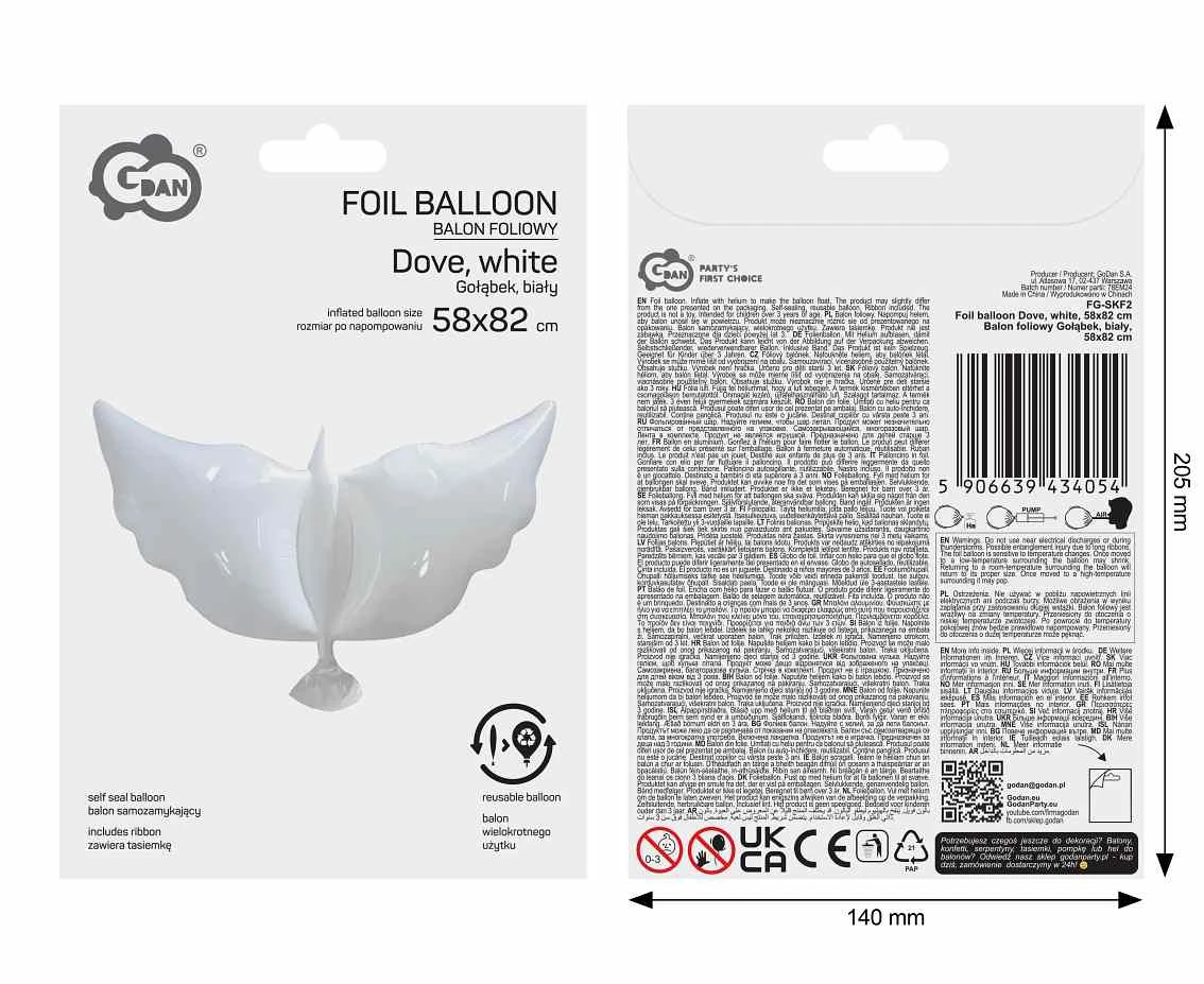 Balon foliowy Gołąbek, biały, 58x82cm