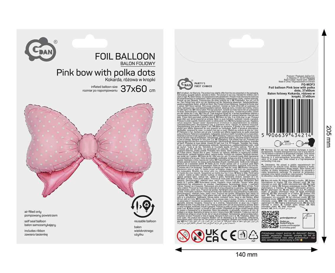 Balon foliowy Kokarda, różowa w kropki, 37x60cm