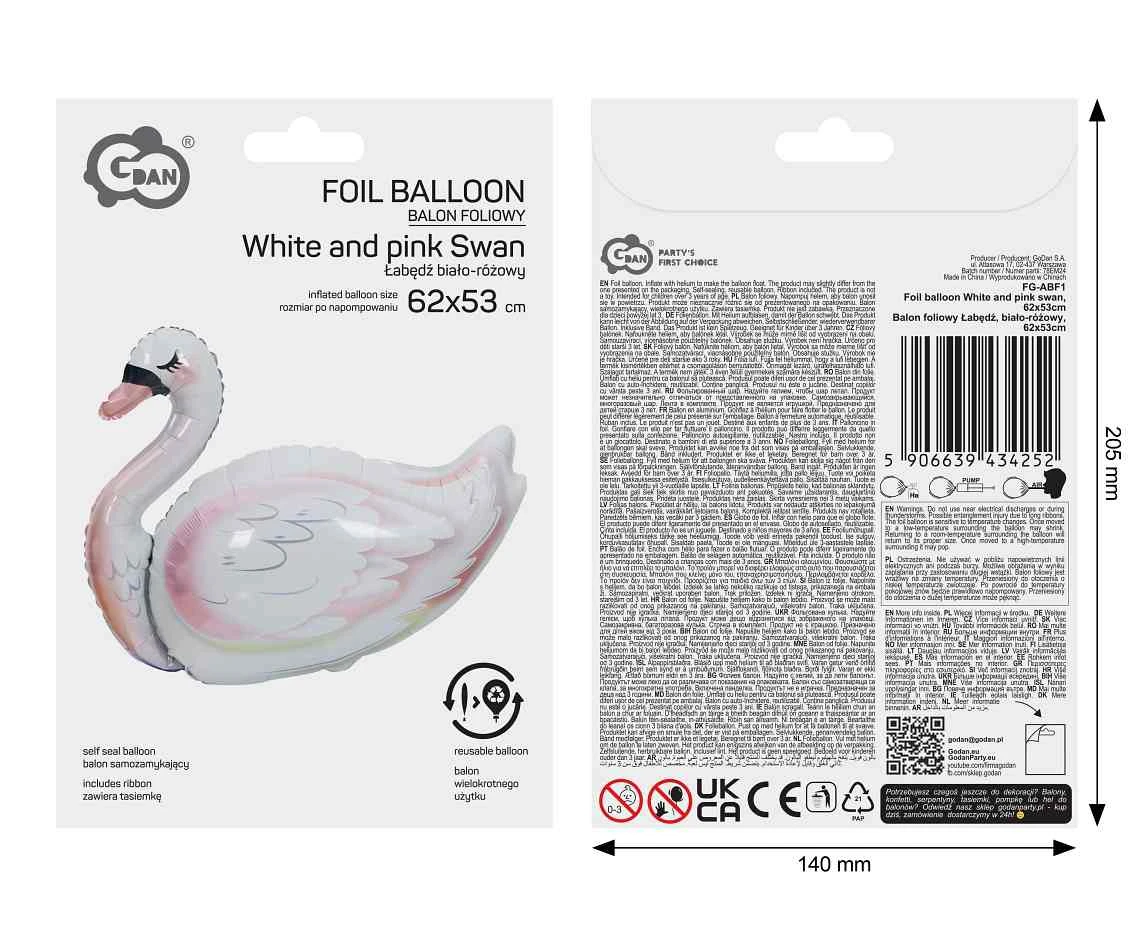 Balon foliowy Łabędź, biało-różowy, 62x53cm