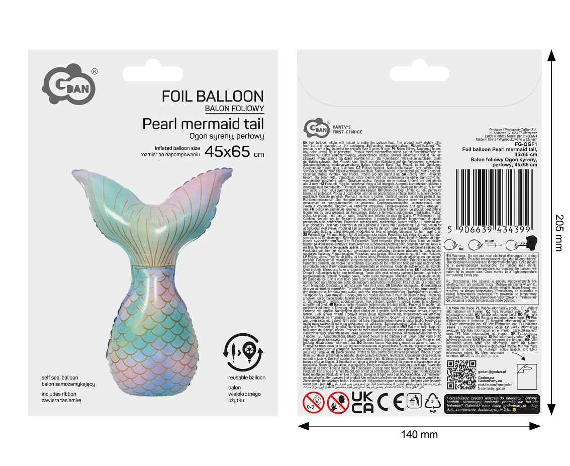 Balon foliowy Ogon syreny, perłowy, 45x65cm