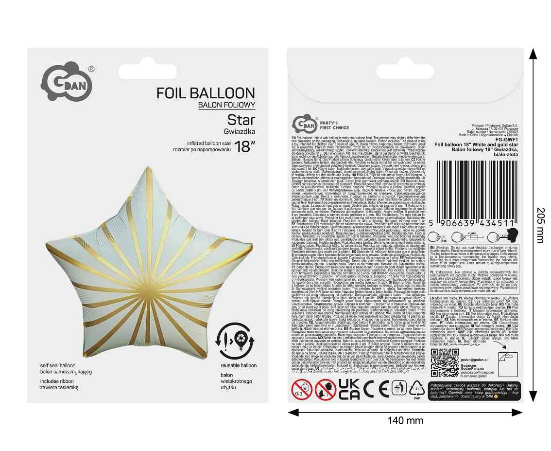 Balon foliowy 18" Gwiazdka, biało-złota