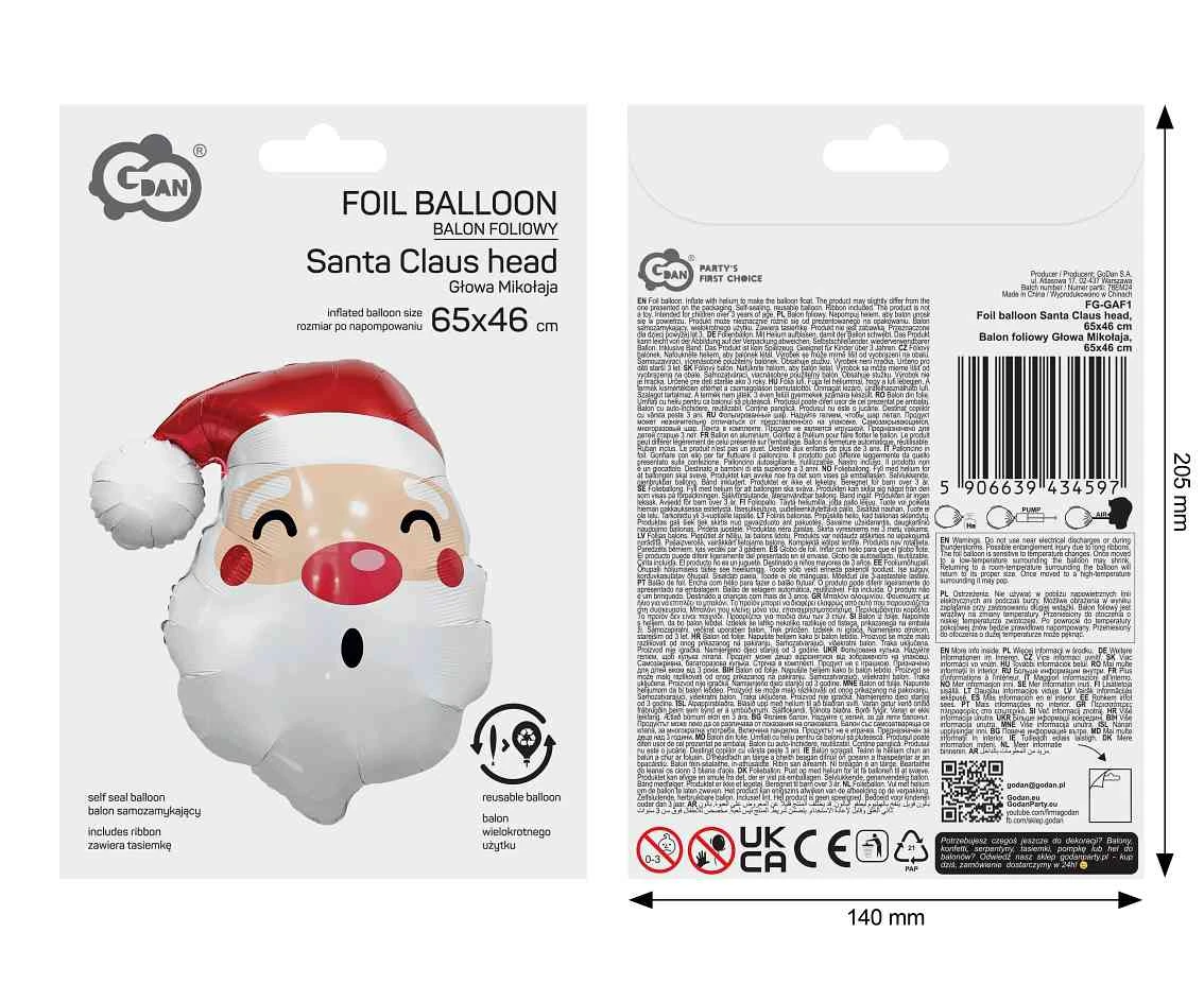 Balon foliowy Głowa Mikołaja, 65x46cm